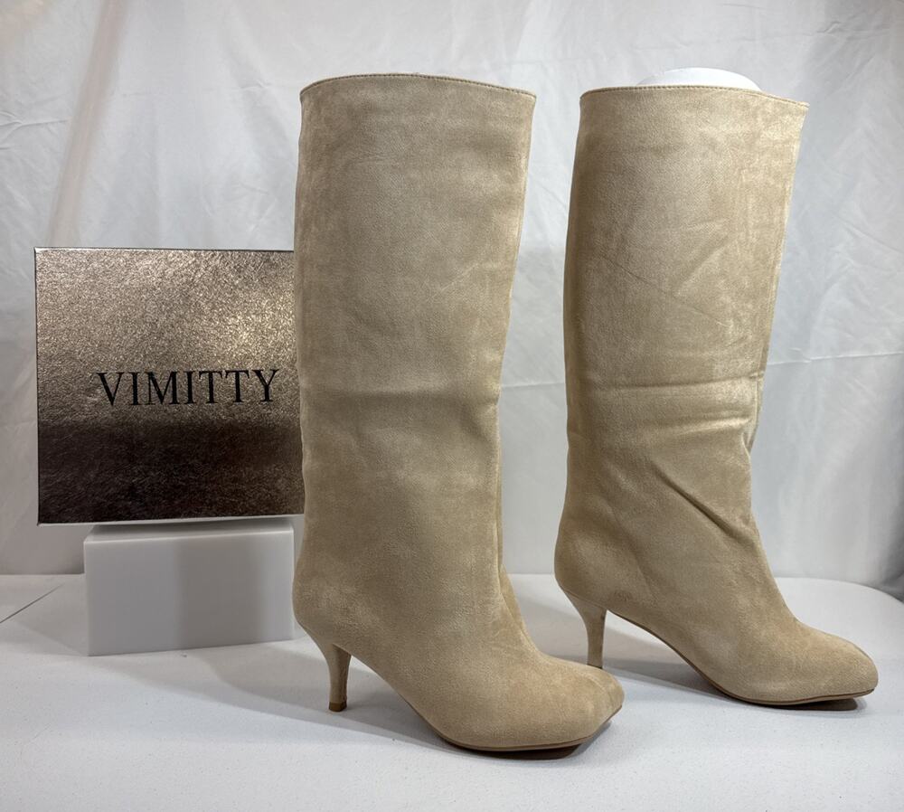 Vimitty Cream Faux Suede Knee High Boots Slouchy Square Toe Size 38 (U.S. 7.5)